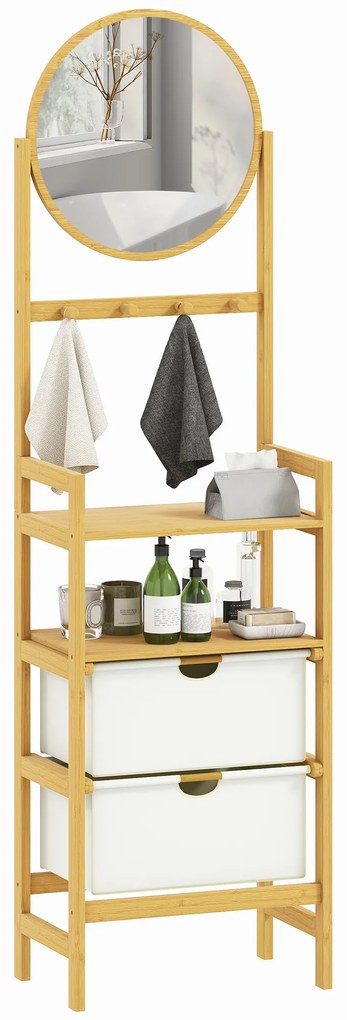 HOMCOM Raft de baie din bambus cu oglindă cu 4 cârlige 2 rafturi deschise și 2 sertare din material textil 48,5x30x170 cm Natural | Aosom Romania