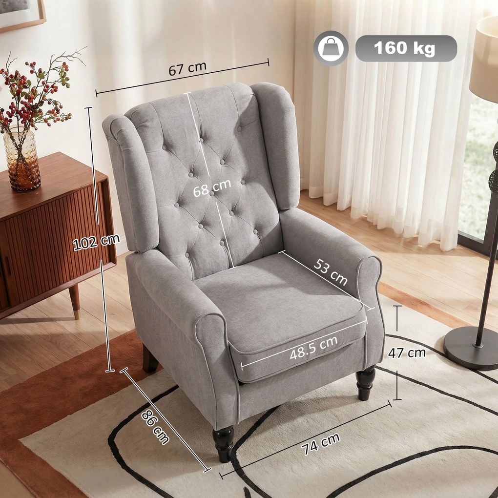 HOMCOM Fotoliu Chesterfield Gri, Confortabil, Comod și Spațiu Generos pentru Living, 74x86x102 cm | Aosom Romania