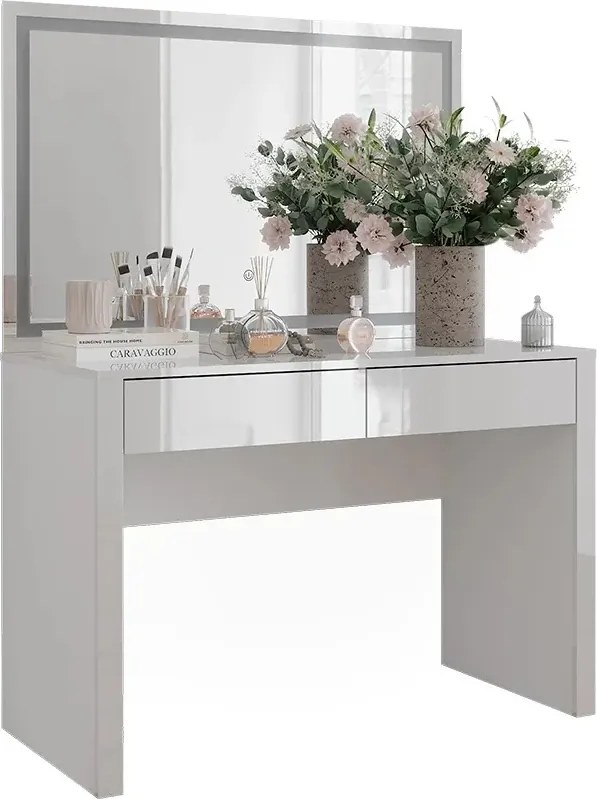 Masuta machiaj cu Oglinda LED si 2 Sertare pentru Cosmetice, Set Masa toaleta 110 cm, Alb Lucios, masuta cosmetica, vanity - SEA813