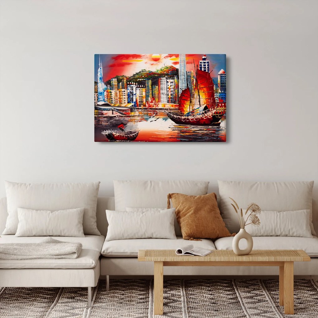 Tablou - Victoria Harbour, Hong Kong, pictură în ulei (90x60 cm)