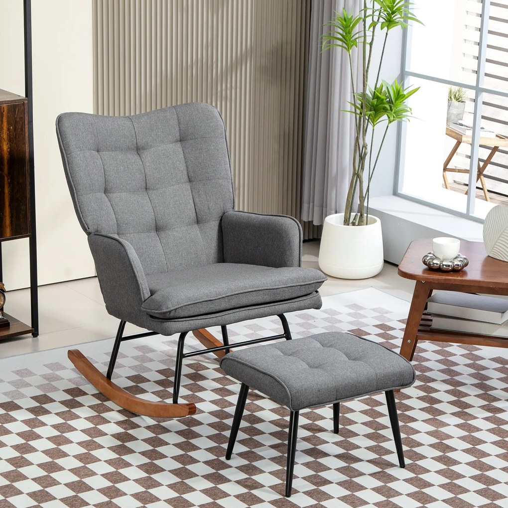 HOMCOM Fotoliu cu leagăn și taburet, confortabil, până la 130 kg, aspect de in, 64x89x90cm, Gri închis | Aosom Romania