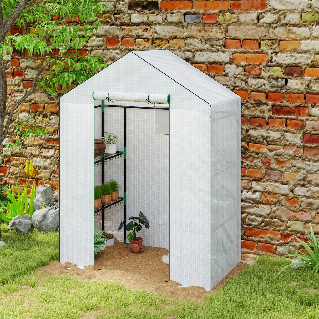 Outsunny Seră de grădină cu 1 ușă, 2 ferestre și 2 rafturi în formă de U pentru legume, plante, flori, copertină PE 140x73x190 cm | Aosom Romania