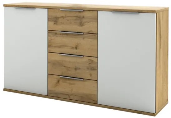 Comoda Castello, 2 Usi Si 4 Sertare, Alb Si Stejar Salbatic, 150 Cm