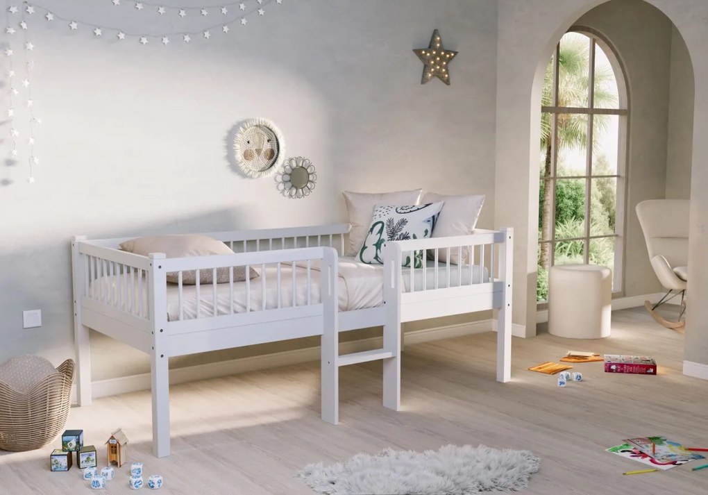 Pat Semi-Înălțat (Mid Sleeper) Forrest Beech 90x200 cm, pentru Camera Copii, din Lemn de Fag Lăcuit Alb, cu Scară și Sertare – Vipack