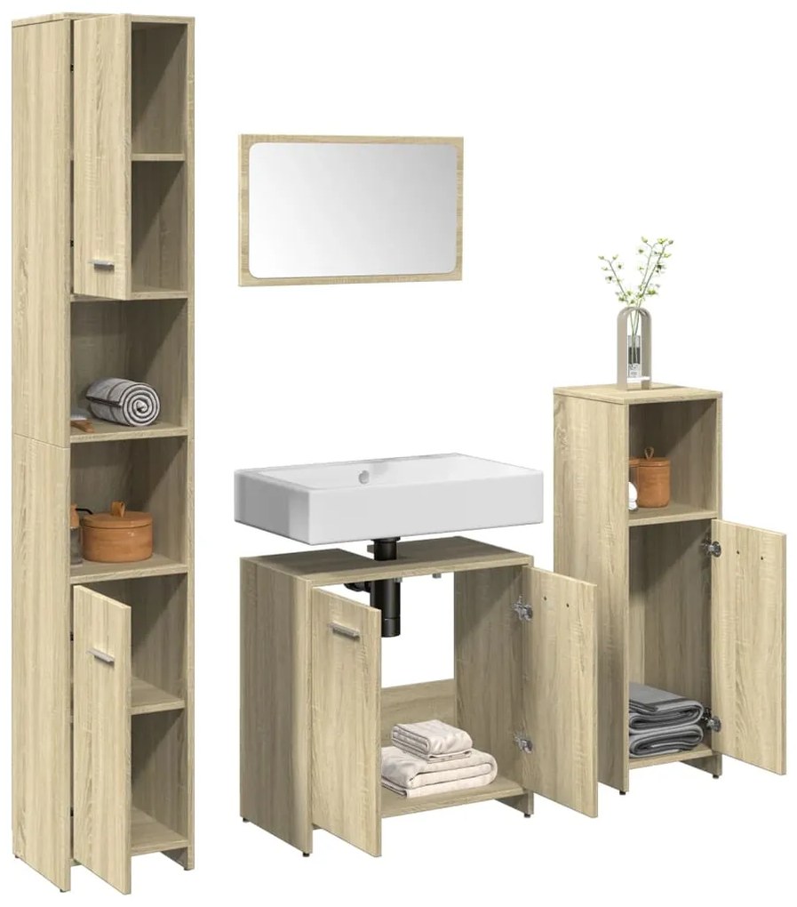 vidaXL Set mobilier de baie, 4 piese, stejar sonoma, lemn prelucrat
