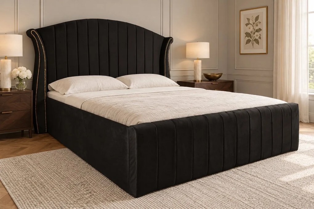 Pat tapițat din catifea Sorella Line 140×200 cm, negru, cu ladă de depozitare