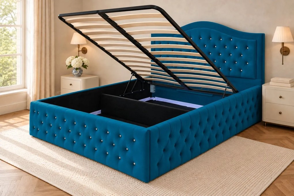 Pat tapițat Chesterfield din catifea Solaria Deluxe Cristal 120×200 cm, turcoaz, cu ladă de depozitare