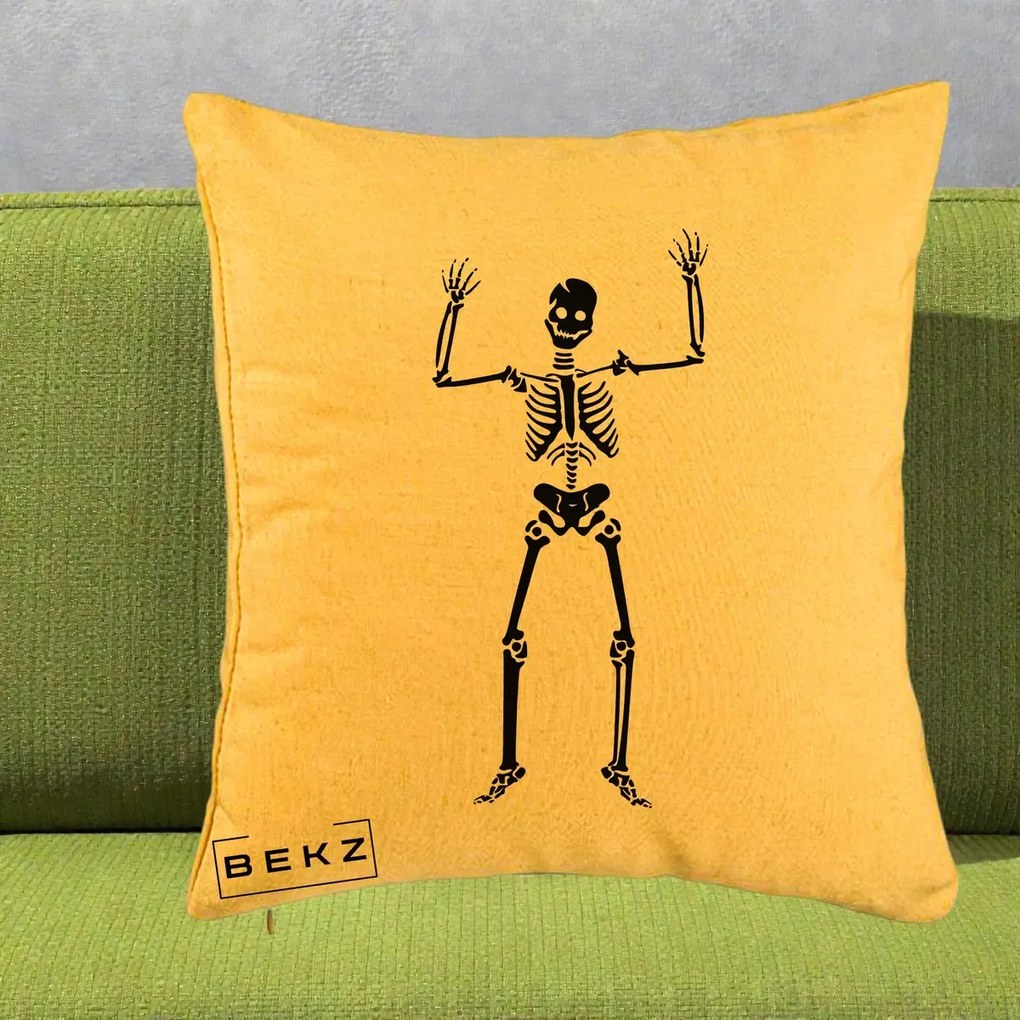 Perna Decorativa Halloween Schelet Dansator, 40x40 cm, Galben, Husa Detasabila, Perna Inclusa, BEKZ®