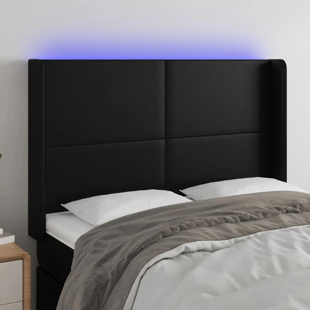 3123858 vidaXL Tăblie de pat cu LED, negru, 147x16x118/128 cm, piele ecologică