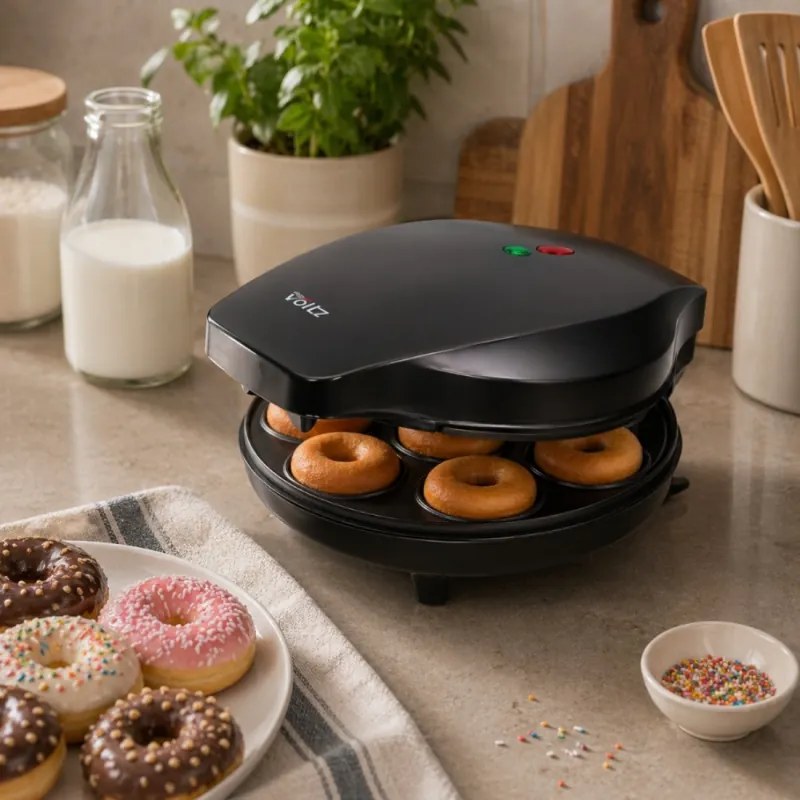 Aparat pentru gogosi / donuts Oliver Voltz OV51442GC, 1200 W, 7 gogosi, Placi antiaderente, Indicator luminos, Negru