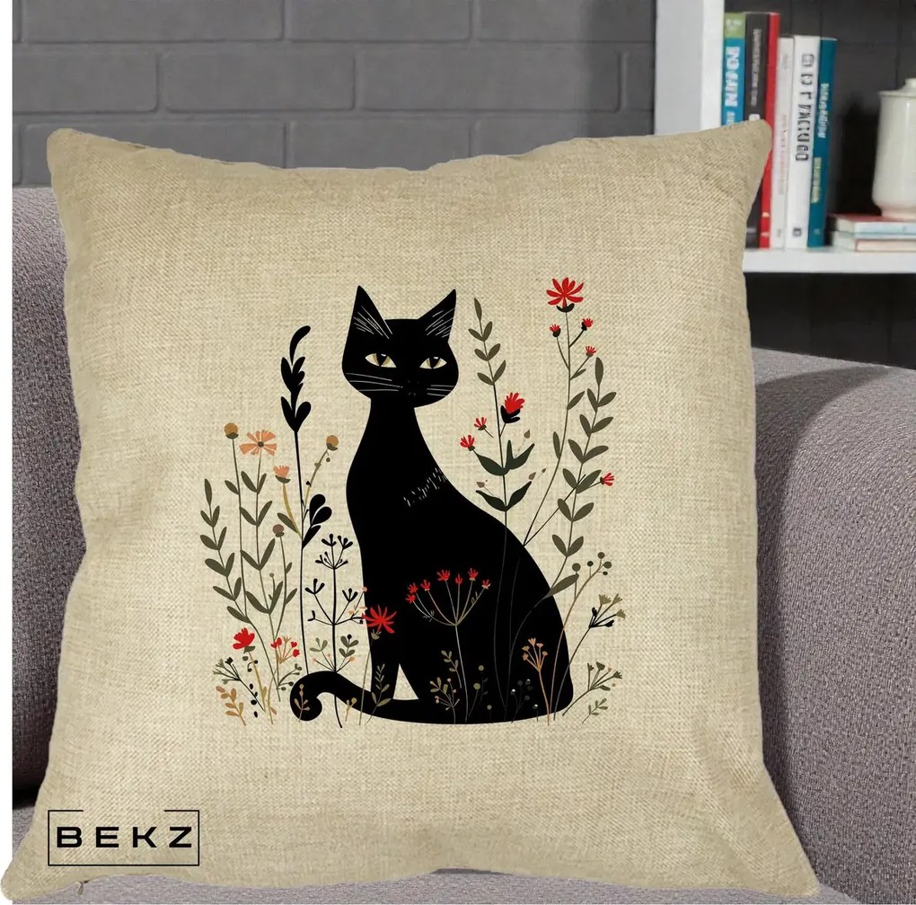 Perna Decorativa Pisica Neagra Botanica Rosu-Gri, 40x40 cm, Crem, Husa Detasabila, Perna Inclusa, BEKZ®