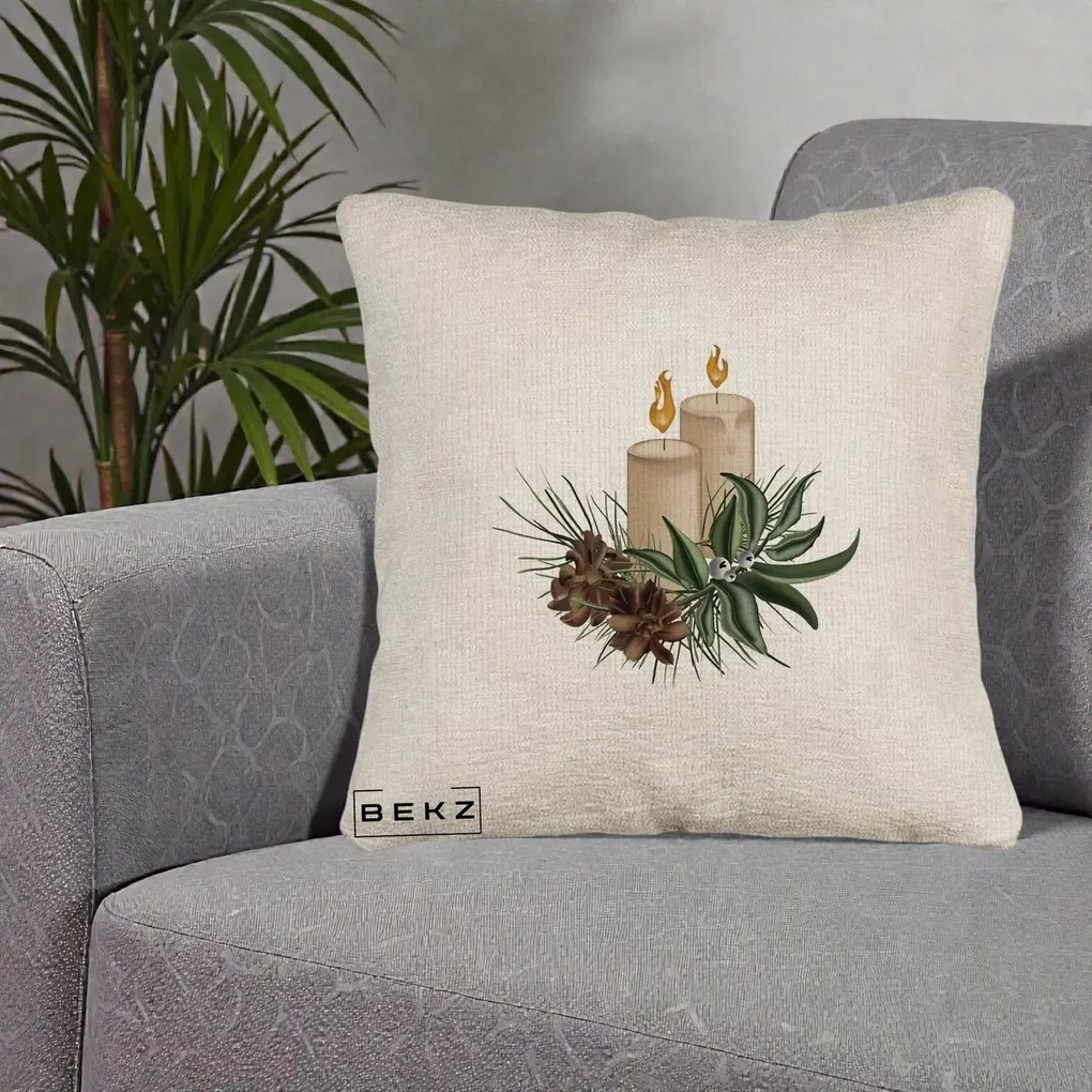 Perna Decorativa Lumanari cu Ilex si Conuri Ilustratie, 40x40 cm, Bej Canapea, Husa Detasabila, Perna Inclusa, BEKZ®