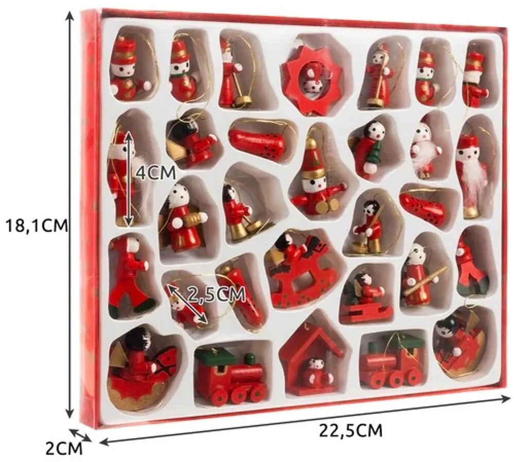 Set de decoratiuni de Craciun din lemn RED JOY rosu, 30 buc.