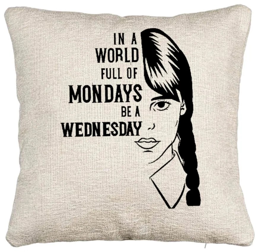 Perna Decorativa Canapea, Model Wednesday Addams si Text, 40x40 cm, Cu fermoar