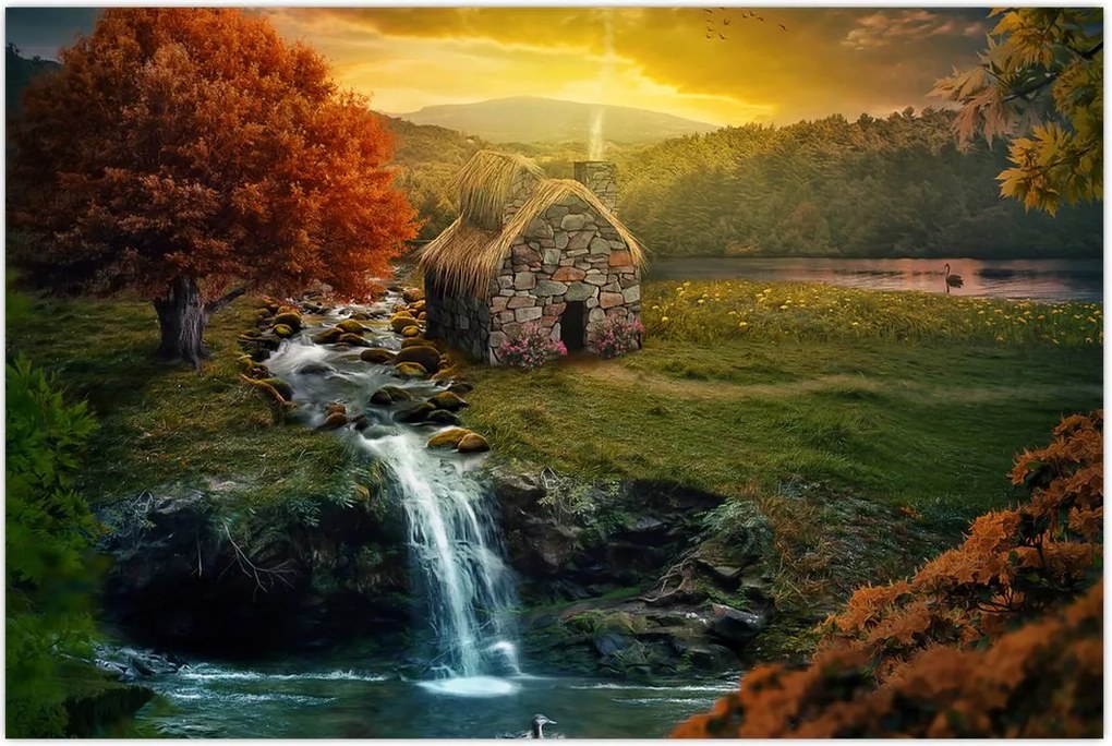 Tablou cu căbănuță în peisaj de poveste (90x60 cm)