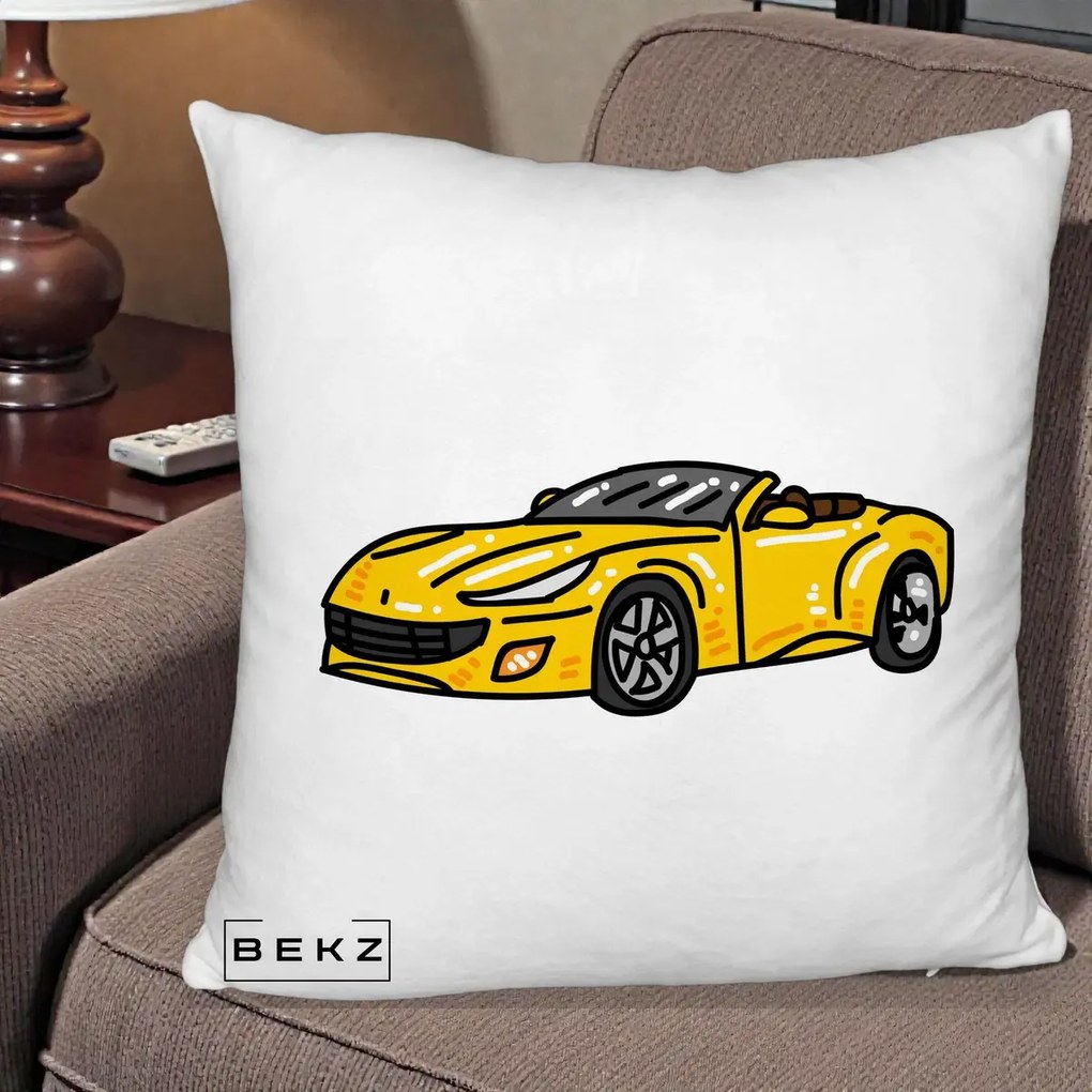 Perna Personalizata Masina Cabriolet Galbena Grafic, 40x40 cm, Alb Pufos, Husa Detasabila, Perna Inclusa, BEKZ®
