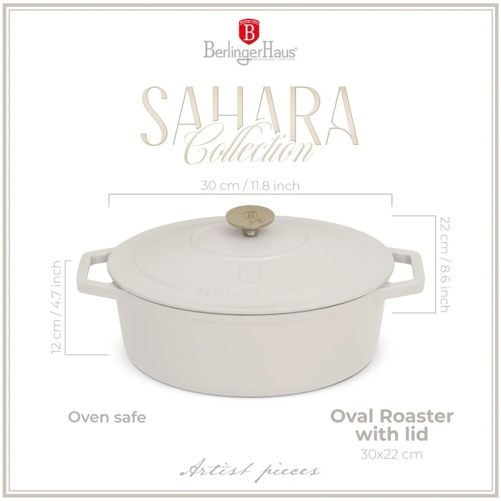 RESIGILAT - Oală din fontă emailată ovală cu capac 30 cm, 4.65L – Berlinger Haus Sahara Collection BH 6540, crem, pentru cuptor și coacere lentă