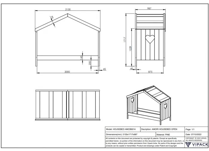 Pat Căsuță AMORI, 90x200 cm, Alb ,Pin Scandinavian și MDF – Vipack