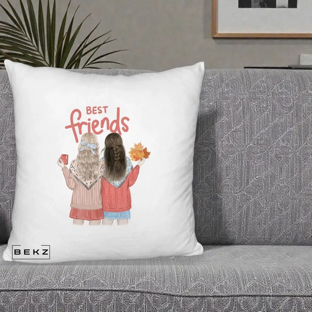 Cadou pentru Prieteni - Perna Personalizata Best Friends Toamna, 40x40 cm, Alb Pufos, Husa Detasabila, Perna Inclusa, BEKZ®