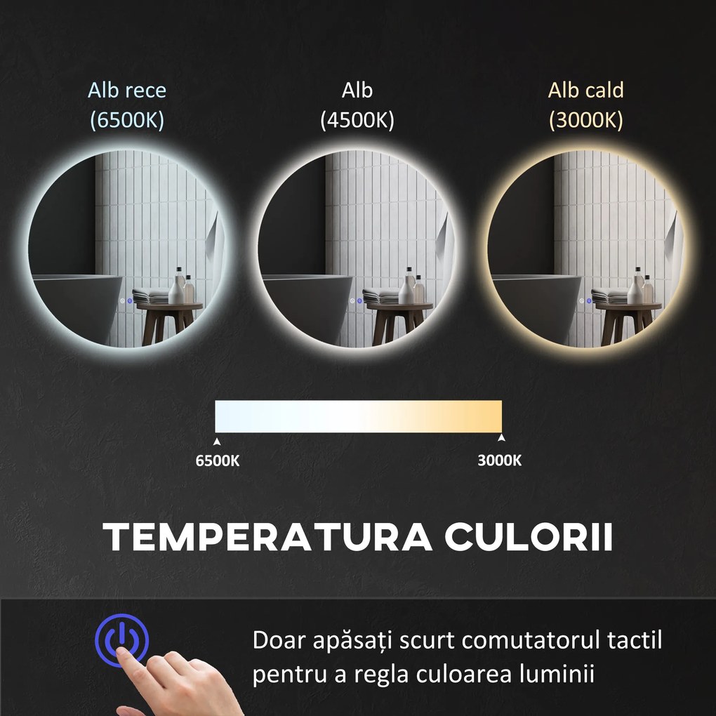 Kleankin Oglinda de Baie Rotunda cu Lumina LED in 3 Culori si intrerupatoare Touch, Ø70x3.5 cm, Transparent | Aosom Romania