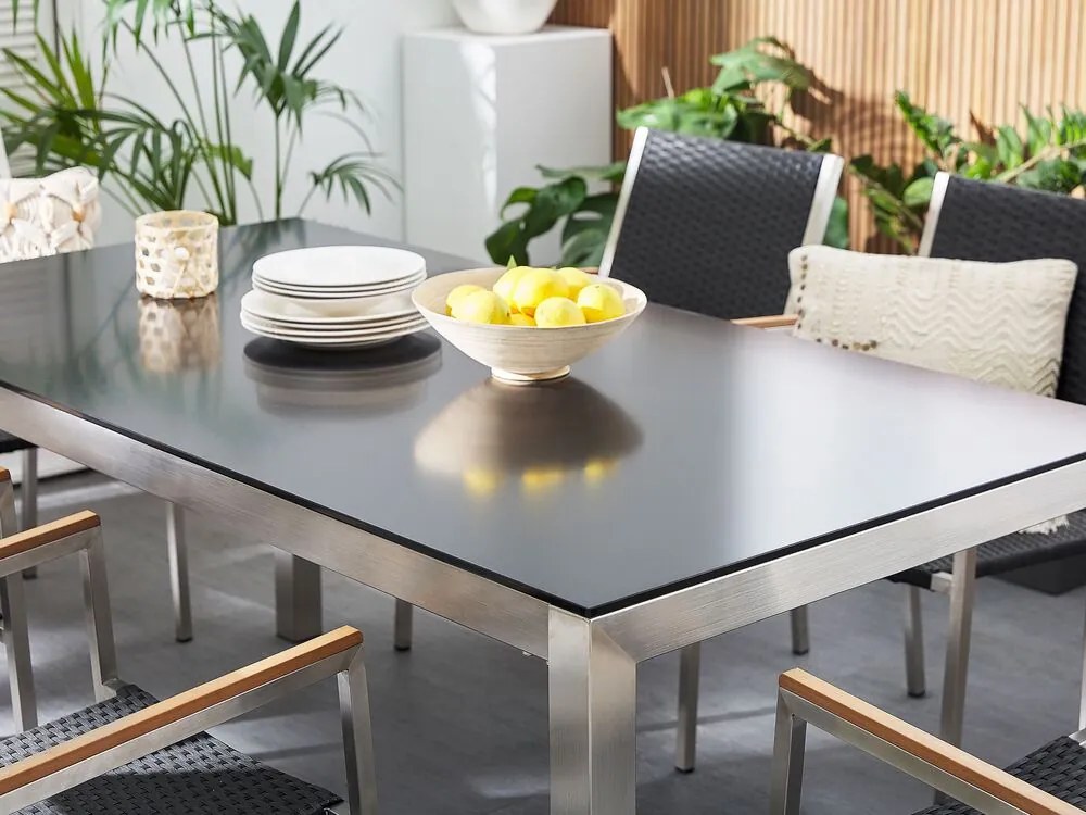 Set de masă pentru grădină Grosso (negru) (blat din sticlă 180x90 cm) (scaune din ratan) (sticlă). 1011749