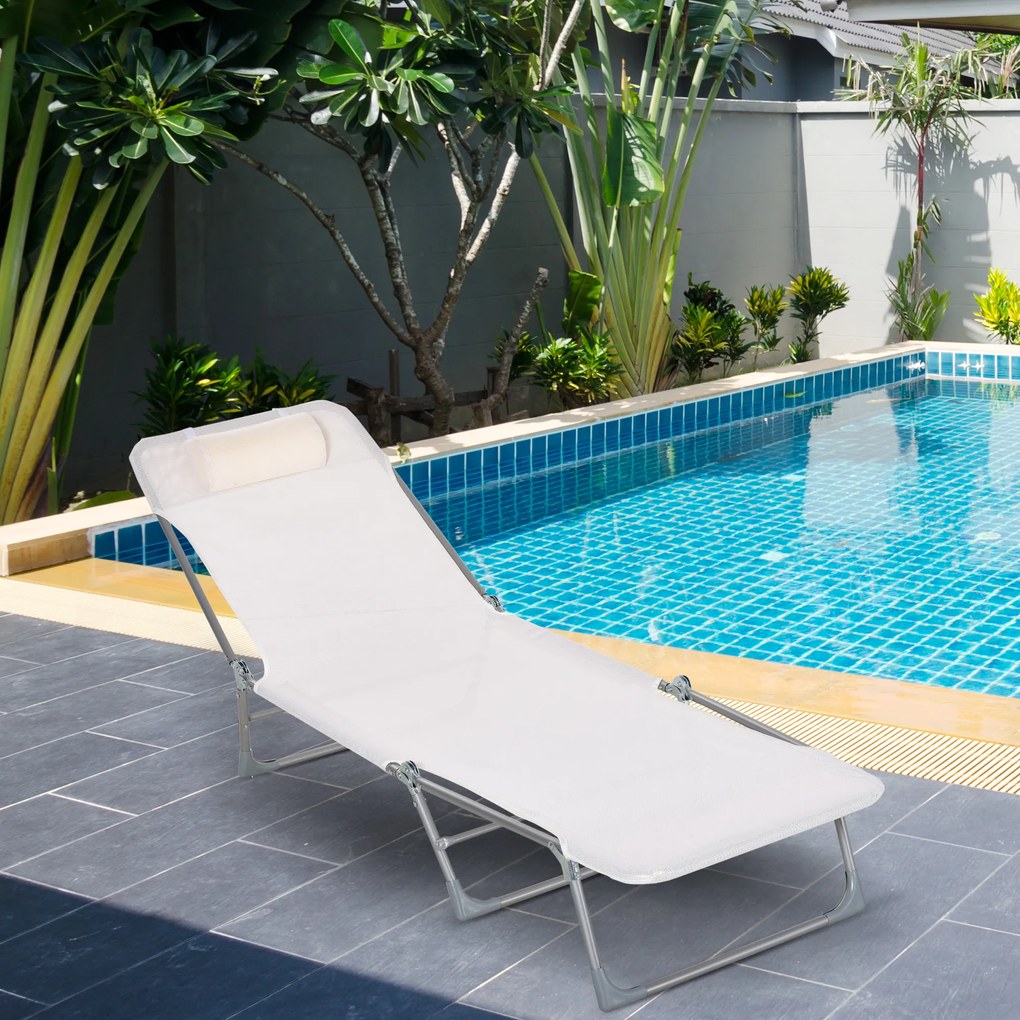 Outsunny Șezlong Pliabil cu Spătar Reglabil pe 5 Nivele și Pernă, Șezlong de Grădină cu Material Texteline, pentru Plajă, Piscină, Grădină, 182x56x28 cm, Crem | Aosom Romania