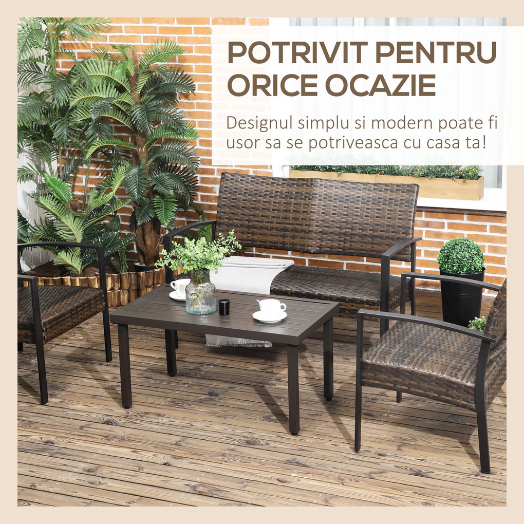 Outsunny Masă de Cafea pentru Aer Liber, Dreptunghiulară, Blat Metalic cu Lame, Picioare Reglabile, Cadru din Oțel, Maro | Aosom Romania