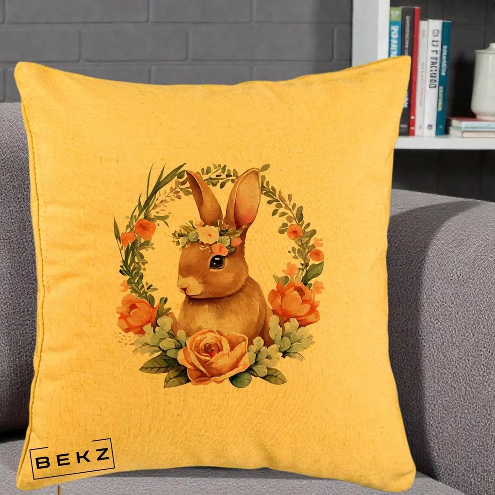 Perna Decorativa Iepuras Floral Coronita Acuarela, 40x40 cm, Galben, Husa Detasabila, Perna Inclusa, BEKZ®