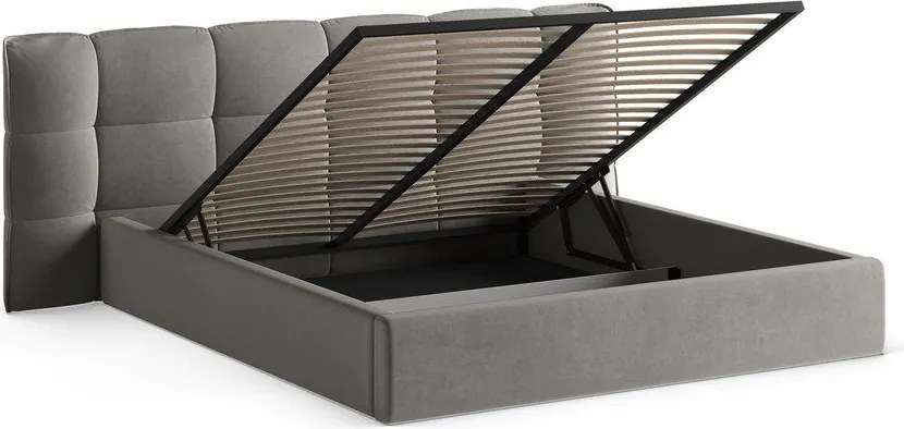 Pat matrimonial gri tapițat cu spațiu de depozitare cu somieră 200x200 cm Eric – Micadoni