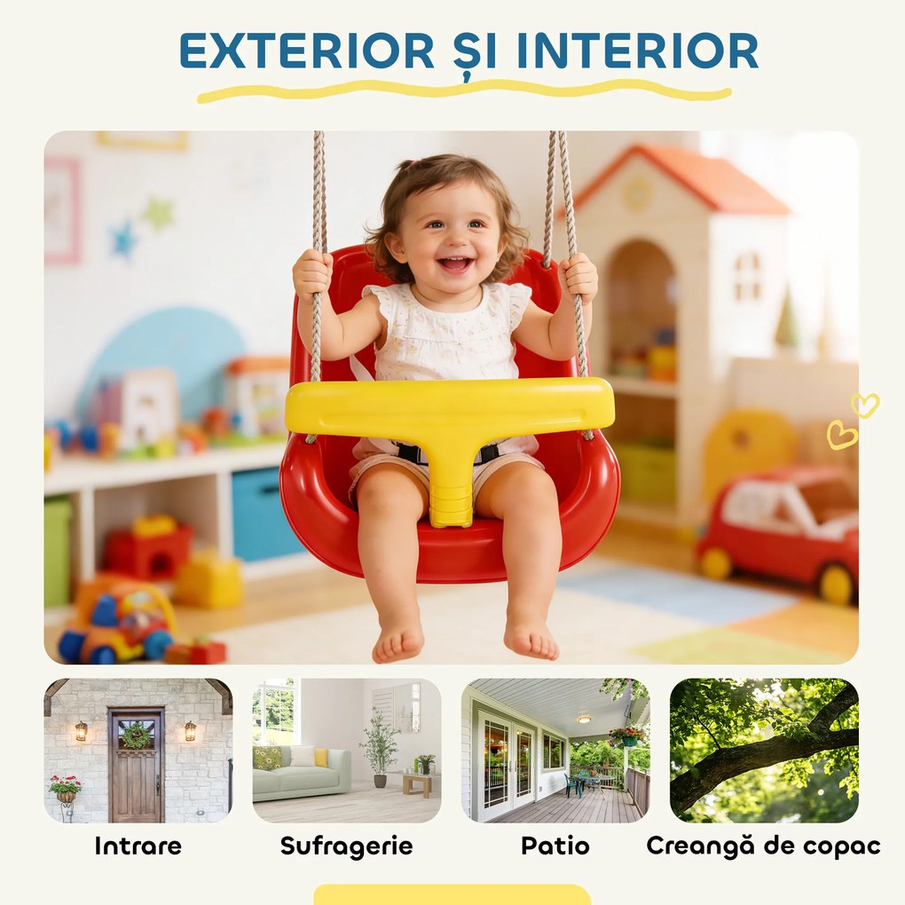 AIYAPLAY Leagăn pentru Copii de Interior și Exterior, Leagăn de Grădină pentru Bebeluși și Copii 9-36 Luni, Coardă Reglabilă și Centură de Siguranță | Aosom Romania