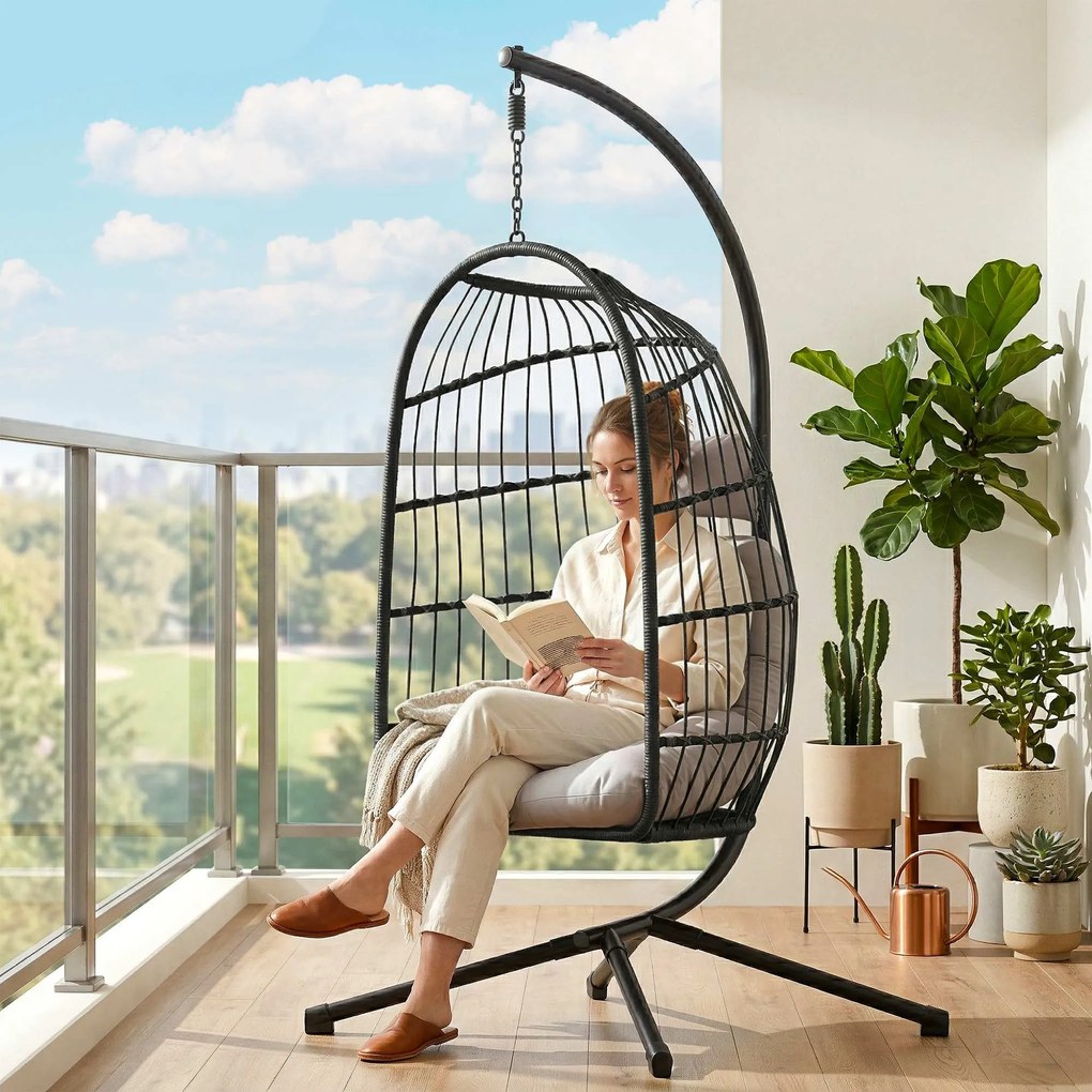 Outsunny Scaun Suspendat Tip Ou, Leagăn pentru Exterior cu Suport și Centură de Siguranță, Negru/Gri Deschis | Aosom Romania