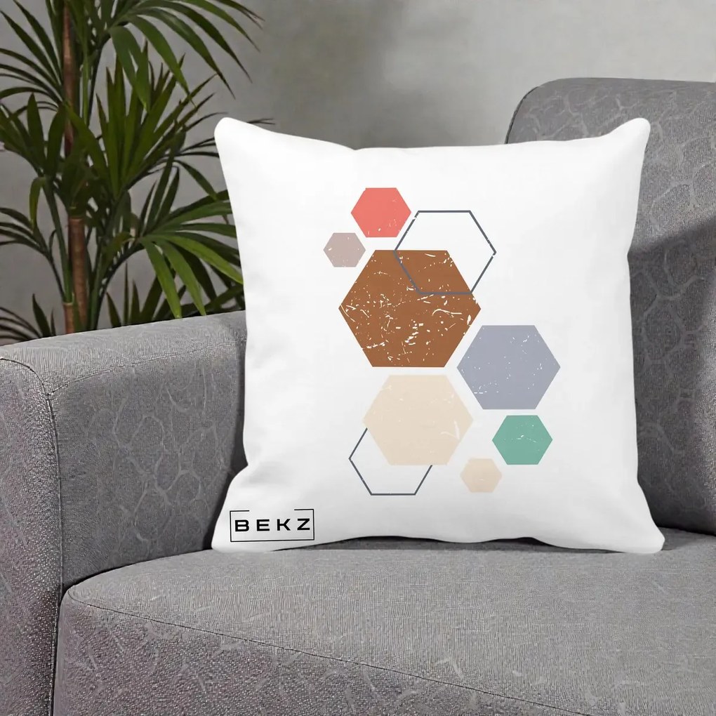 Perna decorativa boho Geometric Hexagoane Multicolor, 40x40 cm cu Umplutura, Alb Mat, BEKZ