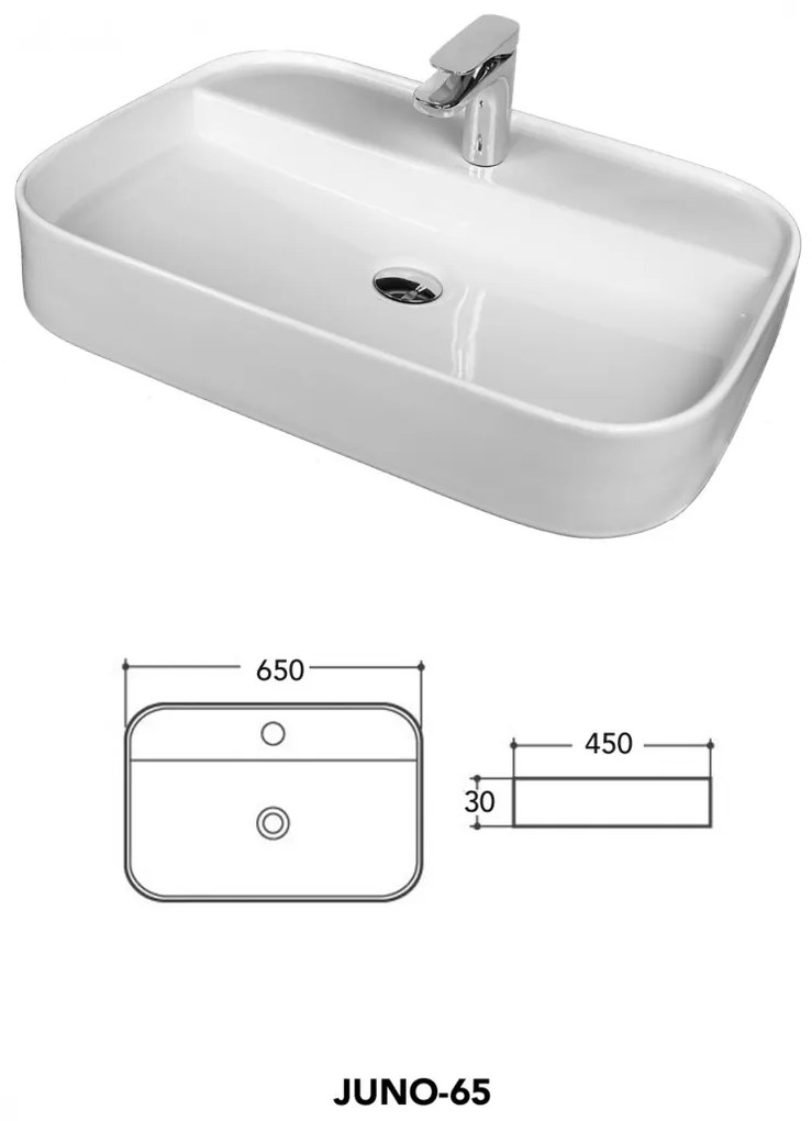 Lavoar pe blat Fluminia, Juno, 65 cm, dreptunghiular, alb