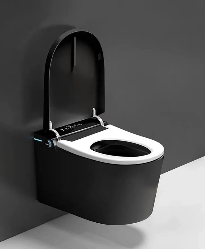 Vas toaletă inteligentă cu Bideu, Afișaj LED, Telecomandă, Sterilizare UV, Deschidere/Închidere automată, funcționare senzor picior, Control inteligent al Temperaturii, Uscare aer cald, Iluminare de noapte, Suspendat, Ceramică, Negru, 302