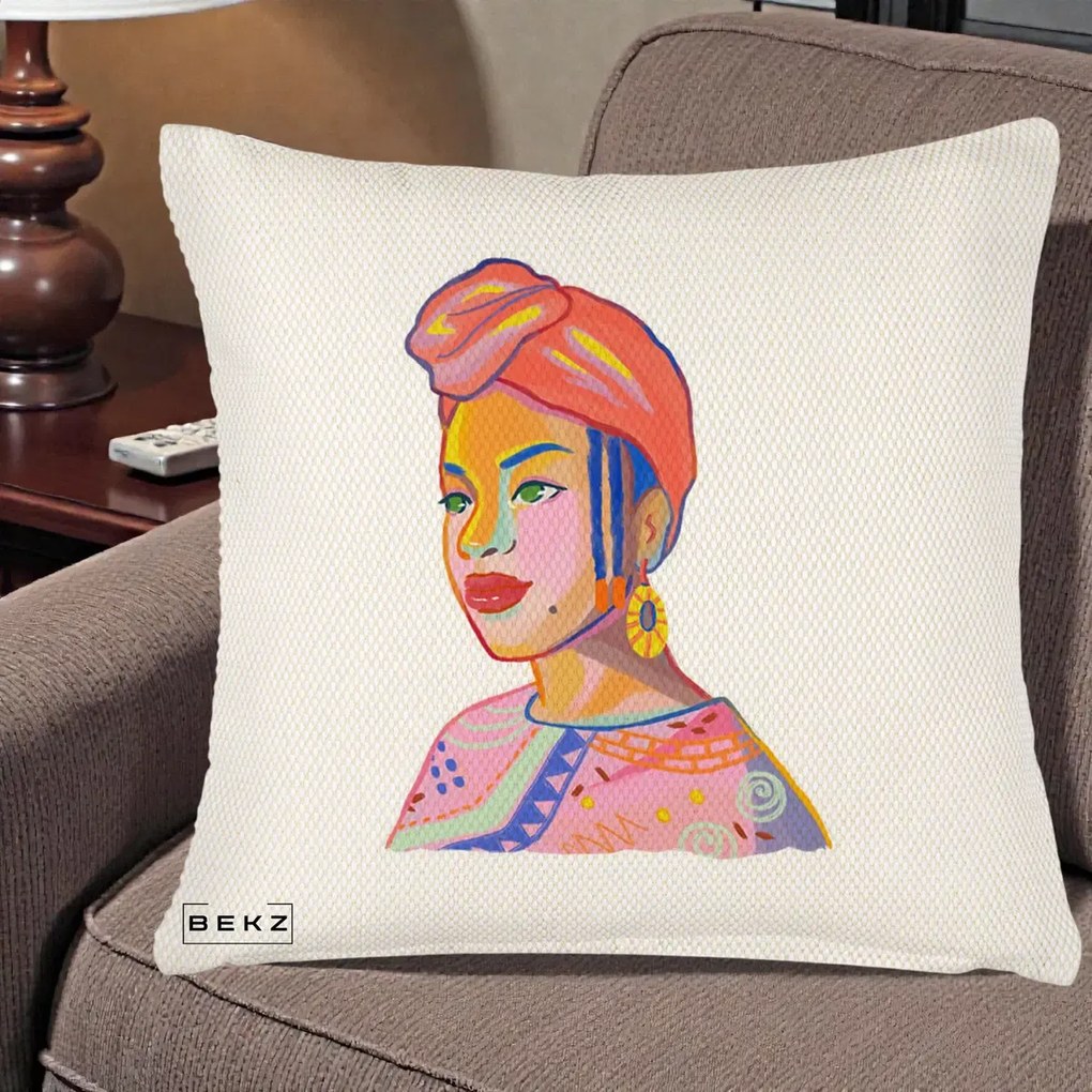 Perna Decorativa Portret Femeie Africana, 40x40 cm, Crem Reliefat, Husa Detasabila, Perna Inclusa, BEKZ®