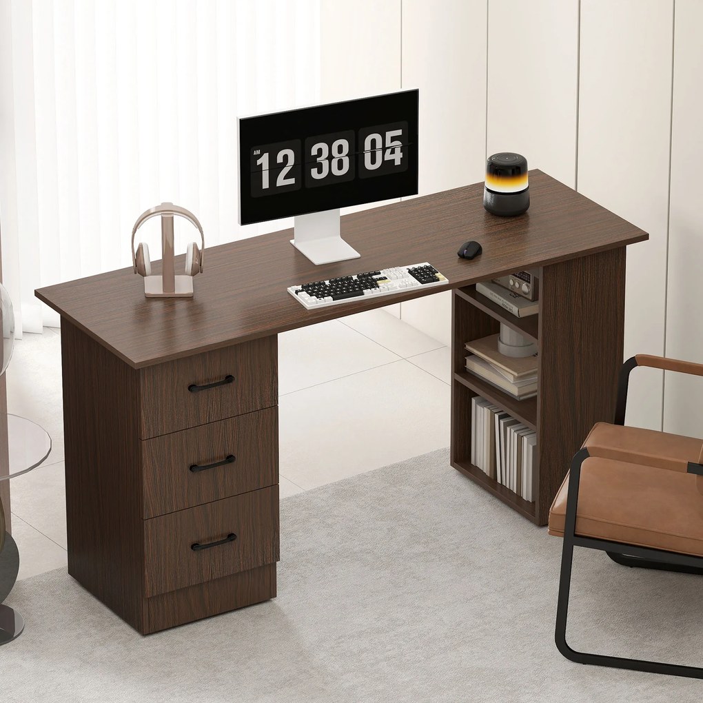 HOMCOM Birou modern cu 3 sertare și 3 rafturi pentru dormitor și birou, din lemn, 120x49x72 cm, nuc | Aosom Romania