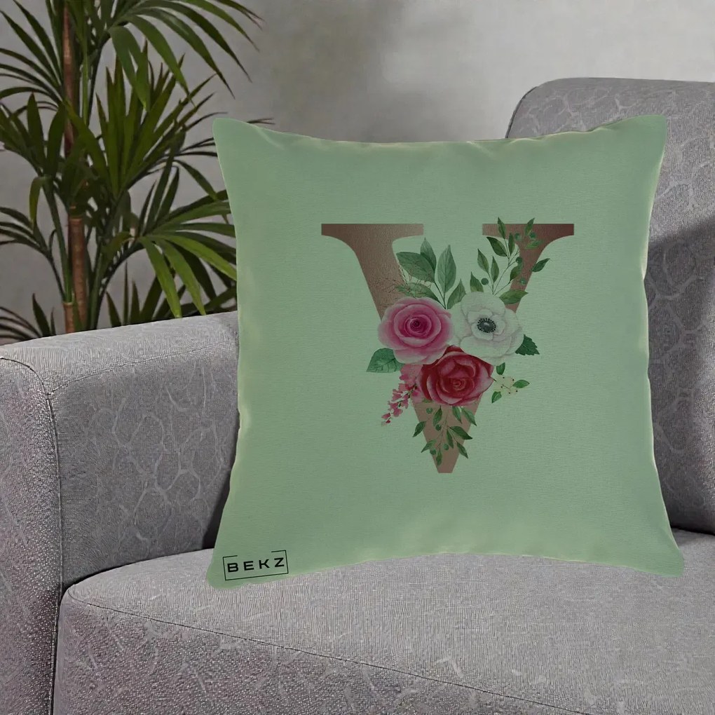 Cadou Personalizat - Perna Personalizata Monograma Rose Gold Litera V, 40x40 cm, Verde, Husa Detasabila, Perna Inclusa, BEKZ®