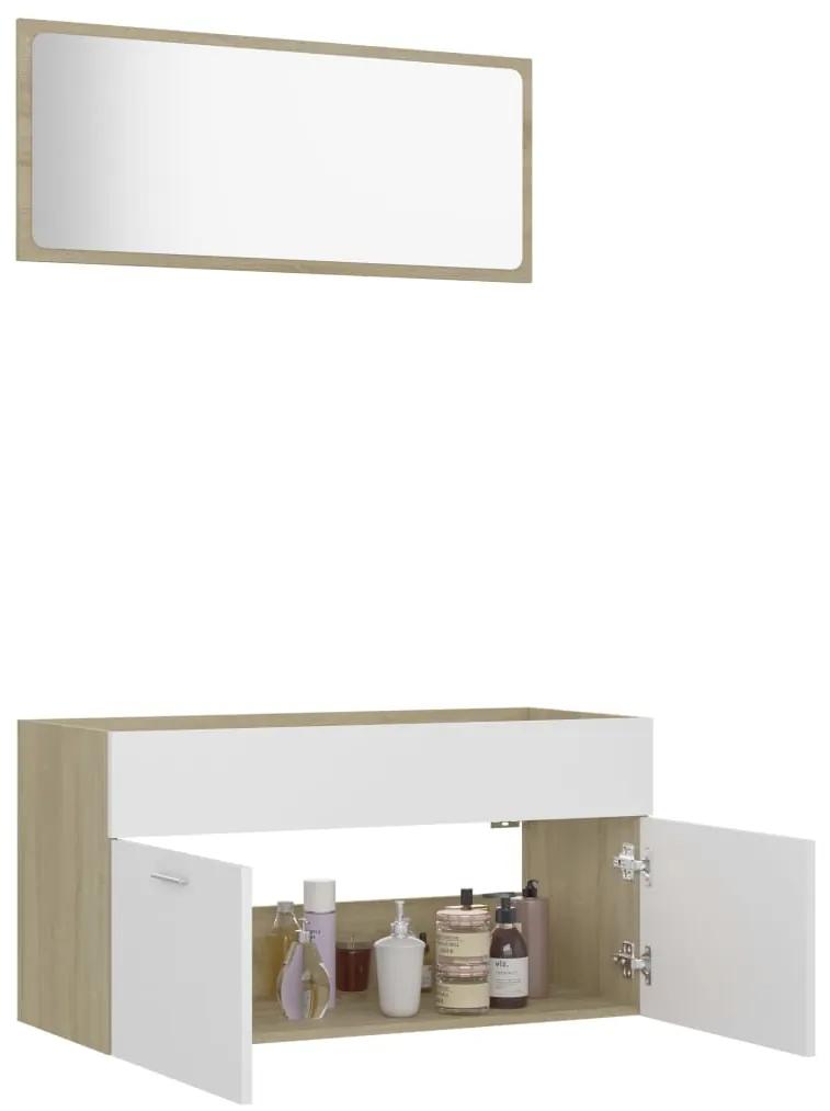 Set mobilier de baie, 2 piese, alb si stejar sonoma, PAL alb si stejar sonoma, Dulap pentru chiuveta + oglinda, 1