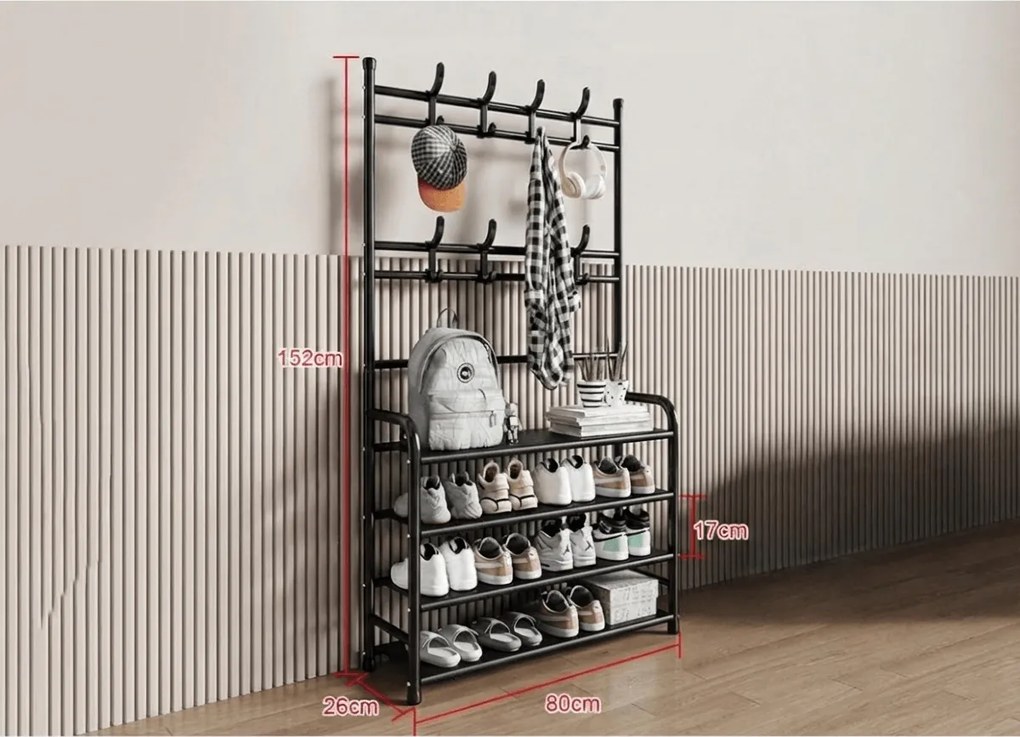 Cuier cu suport pentru pantofi CLOTHORY 80x152 cm, negru