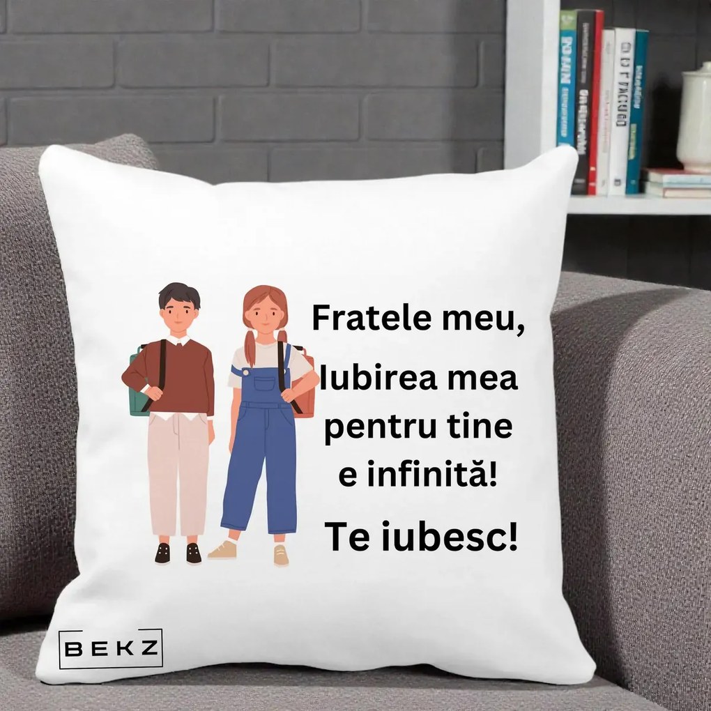 Cadou pentru Frate - Perna Personalizata Fratele Meu Te Iubesc Elevi Ilustratie Colorata, 40x40 cm, Alba Mata, Husa Detasabila, Perna Inclusa, BEKZ®