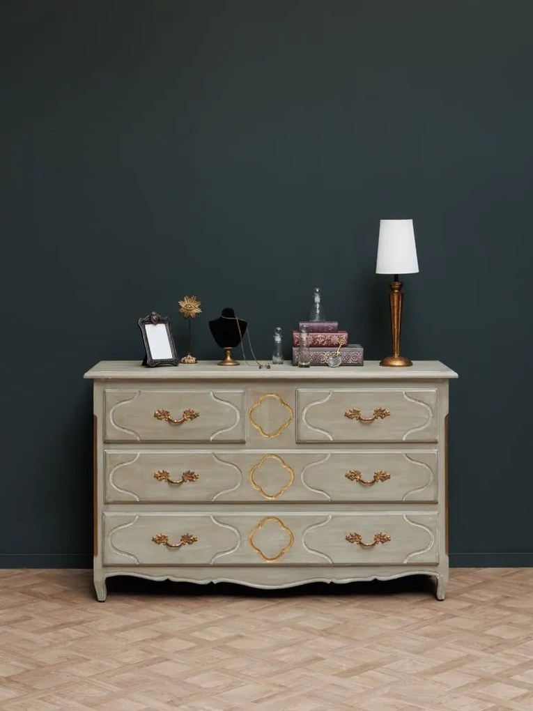 Comoda verde, din lemn de mango, cu 4 sertare, aspect vintage, Florinda
