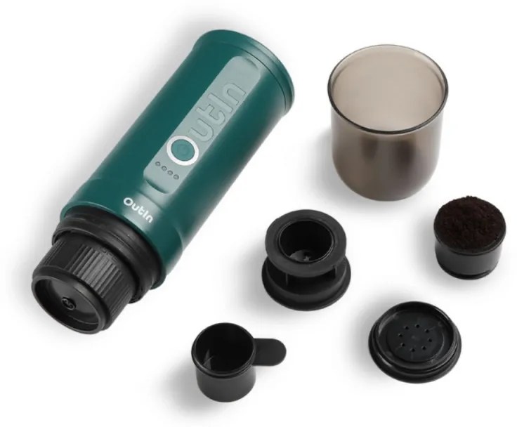 Espressor portabil Outin Nano Teal, 12/24 V, 7500mAh, 20bar, 80ml, Incarcare USB, Cafea macinata si capsule, Turcoaz