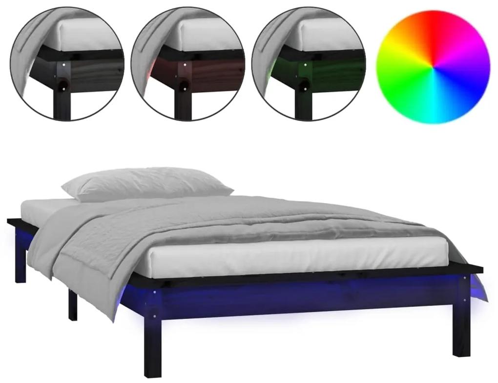 820635 vidaXL Cadru de pat LED mic single, negru, 75x190 cm, lemn masiv