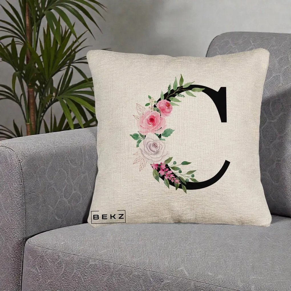 Cadou Personalizat - Perna Personalizata Monograma Florala Litera C, 40x40 cm, Bej Canapea, Husa Detasabila, Perna Inclusa, BEKZ®