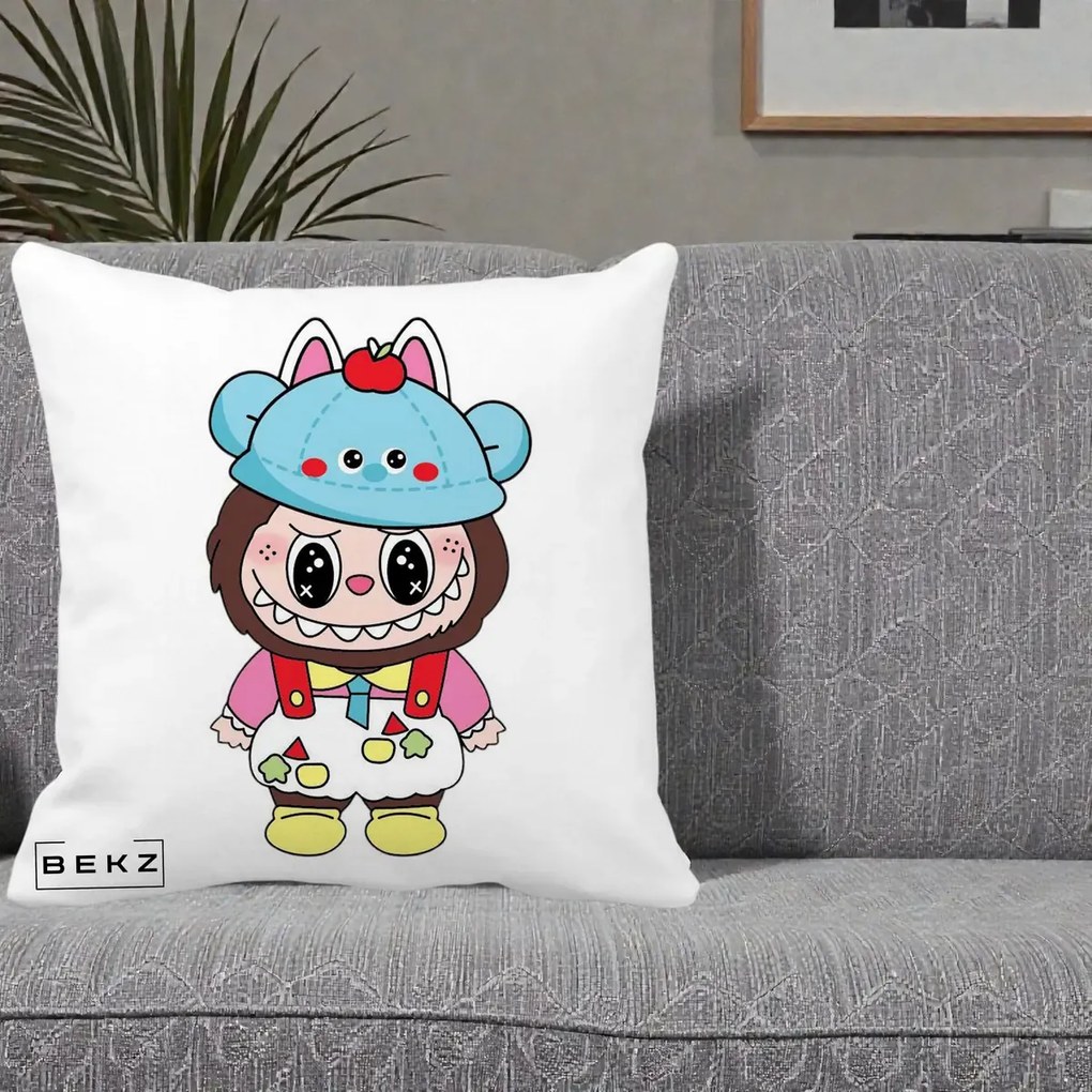 Perna Personalizata Labubu x Urs Albastru Colorat, 40x40 cm, Alba Mata, Husa Detasabila, Perna Inclusa, BEKZ®