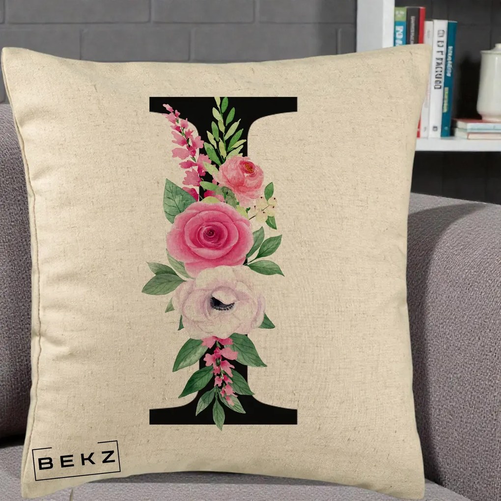 Cadou Personalizat - Perna Personalizata Monograma Florala Litera I, 40x40 cm, Bej, Husa Detasabila, Perna Inclusa, BEKZ®