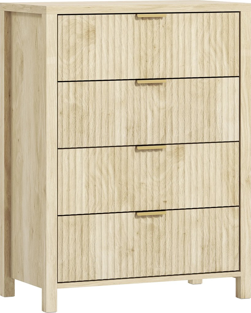 HOMCOM Comodă pentru Dormitor cu 4 Sertare Canelate, Comodă din Lemn cu Mânere Aurii, pentru Sufragerie, Sala de Mese și Hol, 70x38x93 cm, Lemn Natural | Aosom Romania