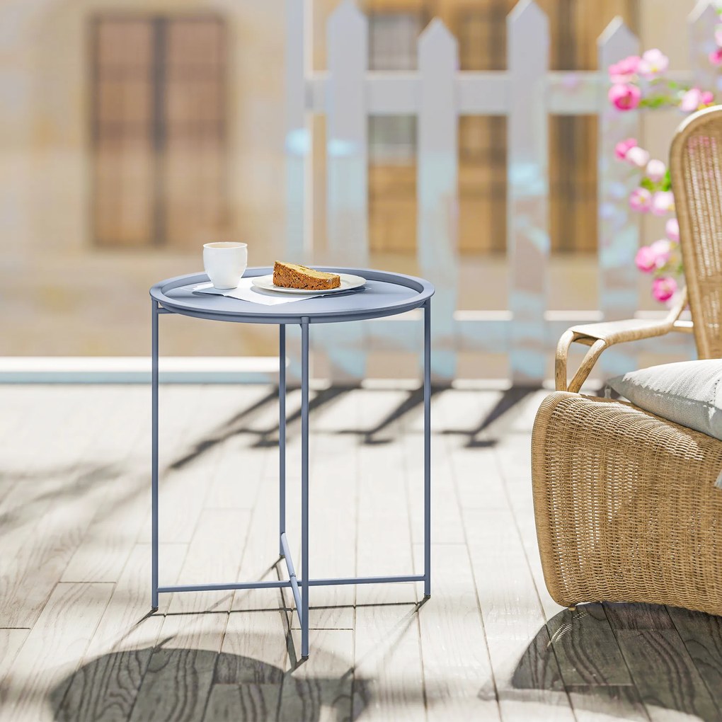 Outsunny Măsuță Rotundă Măsuță de Supliment Blat Detașabil cu Margine Ridicată Picioare Pliabile din Metal Ø46x50cm Albastru-Gri | Aosom Romania