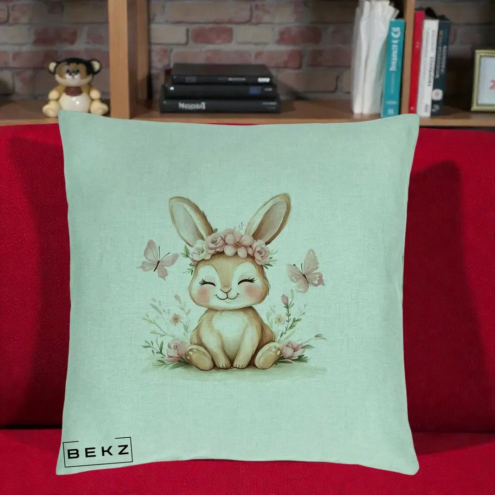 Perna Decorativa Iepuras cu Coronita Florala Roz, 40x40 cm, Verde Menta, Husa Detasabila, Perna Inclusa, BEKZ®