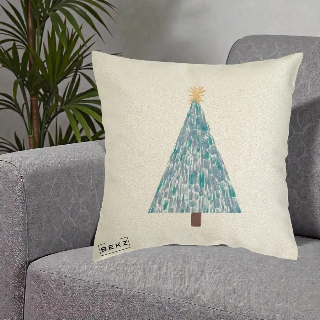 Perna Decorativa Brad de Craciun Acrilic Albastru, 40x40 cm, Ecru, Husa Detasabila, Perna Inclusa, BEKZ®